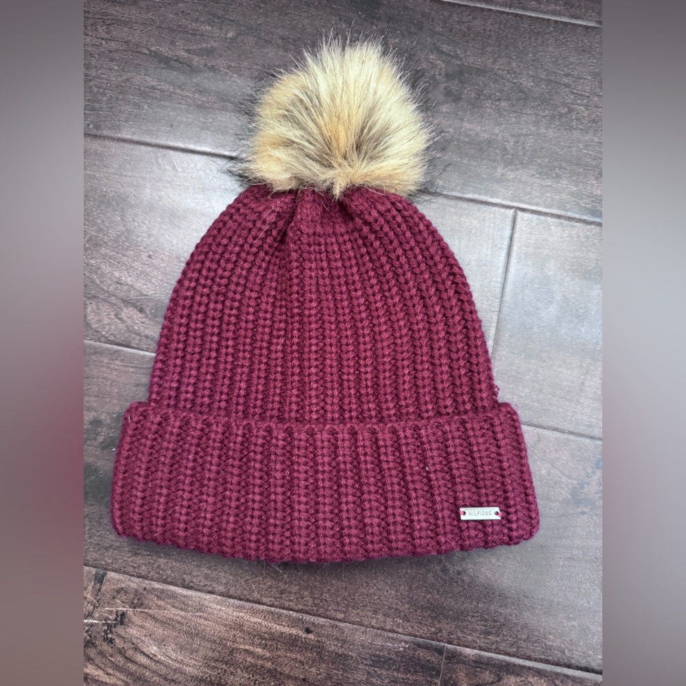 Burgundy Tommy Hilfiger Knit Beanie with Faux Fur Pom